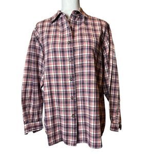 Ki-ko-mo Vintage Women's Plaid Button Top Cotton Blue Orange Red Large